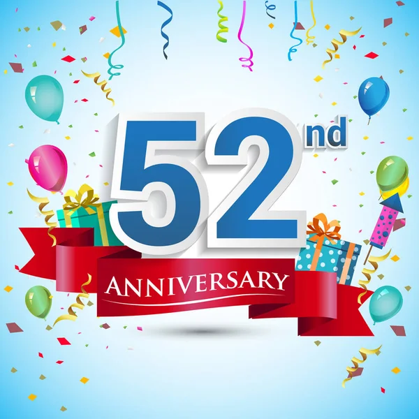 doksan beş için hediye kutusu ve balonlar, kırmızı kurdele, renkli vektör şablon öğeleri ile 52 yıl yıldönümü kutlama tasarım, Doğum günü partisi kutluyor.