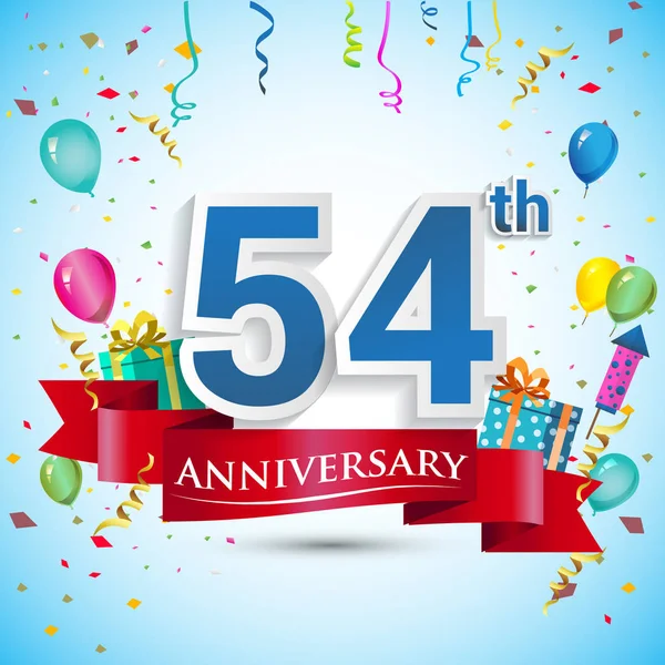 doksan beş için hediye kutusu ve balonlar, kırmızı kurdele, renkli vektör şablon öğeleri ile 54 yıl yıldönümü kutlama tasarım, Doğum günü partisi kutluyor.