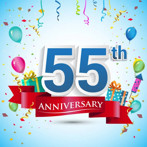 doksan beş için hediye kutusu ve balonlar, kırmızı kurdele, renkli vektör şablon öğeleri ile 55 yıl yıldönümü kutlama tasarım, Doğum günü partisi kutluyor.