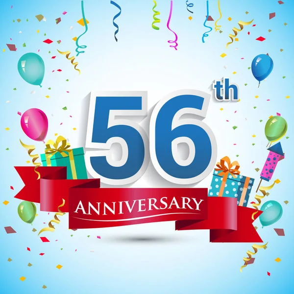 doksan beş için hediye kutusu ve balonlar, kırmızı kurdele, renkli vektör şablon öğeleri ile 56 yıl yıldönümü kutlama tasarım, Doğum günü partisi kutluyor.