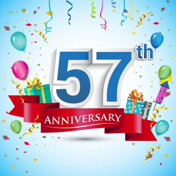 57Th Years Anniversary Celebration Design Con Caja Regalo Globos Cinta — Vector de stock