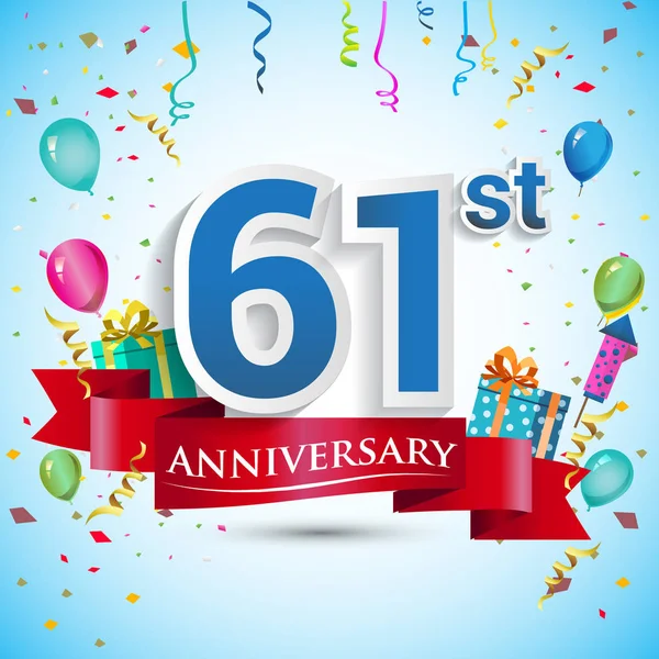 doksan beş için hediye kutusu ve balonlar, kırmızı kurdele, renkli vektör şablon öğeleri ile 61 yıl yıldönümü kutlama tasarım, Doğum günü partisi kutluyor.