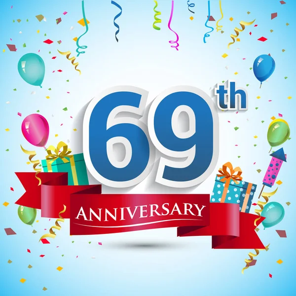 doksan beş için hediye kutusu ve balonlar, kırmızı kurdele, renkli vektör şablon öğeleri ile 69 yıl yıldönümü kutlama tasarım, Doğum günü partisi kutluyor.