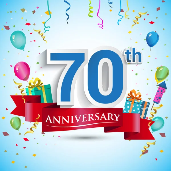 doksan beş için hediye kutusu ve balonlar, kırmızı kurdele, renkli vektör şablon öğeleri ile 70 yıl yıldönümü kutlama tasarım, Doğum günü partisi kutluyor.