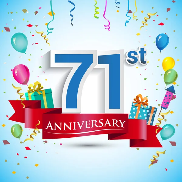 doksan beş için hediye kutusu ve balonlar, kırmızı kurdele, renkli vektör şablon öğeleri ile 71 yıl yıldönümü kutlama tasarım, Doğum günü partisi kutluyor.