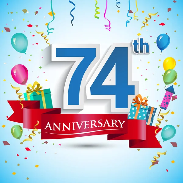74 yıl yıldönümü kutlama tasarımı, doksan beş için hediye kutusu ve balonlar, kırmızı kurdele, renkli vektör şablon öğeleri ile Doğum günü partisi kutluyor.