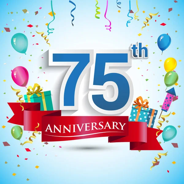 doksan beş için hediye kutusu ve balonlar, kırmızı kurdele, renkli vektör şablon öğeleri ile 75 yıl yıldönümü kutlama tasarım, Doğum günü partisi kutluyor.