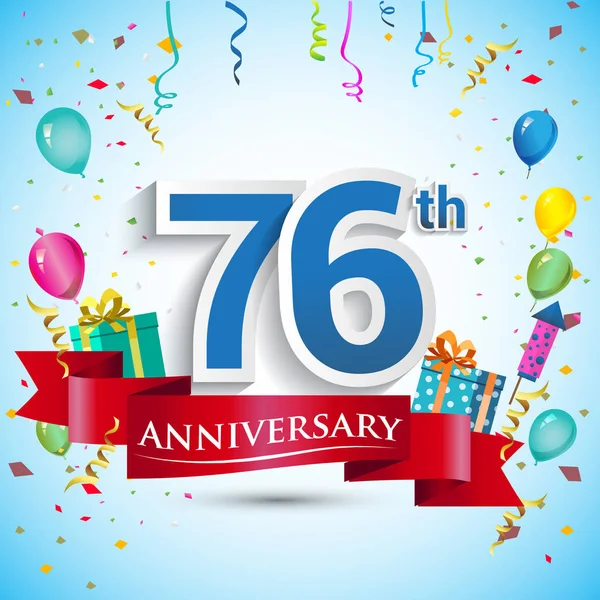 doksan beş için hediye kutusu ve balonlar, kırmızı kurdele, renkli vektör şablon öğeleri ile 76 yıl yıldönümü kutlama tasarım, Doğum günü partisi kutluyor.