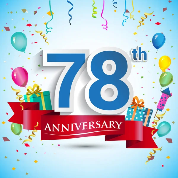 doksan beş için hediye kutusu ve balonlar, kırmızı kurdele, renkli vektör şablon öğeleri ile 78 yıl yıldönümü kutlama tasarım, Doğum günü partisi kutluyor.