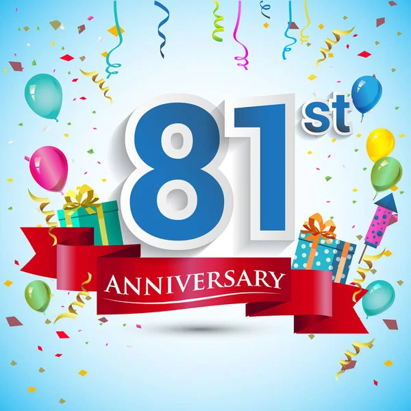doksan beş için hediye kutusu ve balonlar, kırmızı kurdele, renkli vektör şablon öğeleri ile 81 yıl yıldönümü kutlama tasarım, Doğum günü partisi kutluyor.