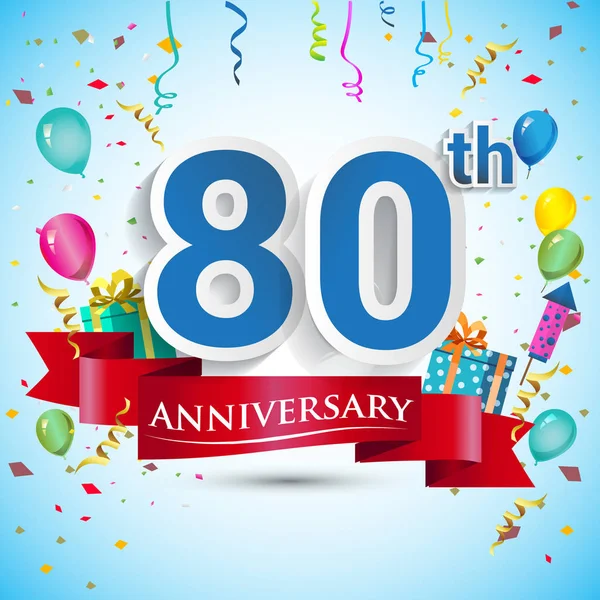 doksan beş için hediye kutusu ve balonlar, kırmızı kurdele, renkli vektör şablon öğeleri ile 80 yıl yıldönümü kutlama tasarım, Doğum günü partisi kutluyor.