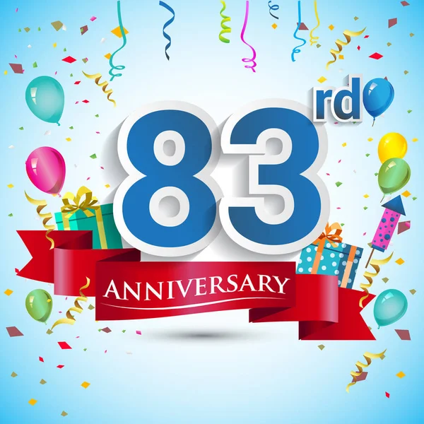doksan beş için hediye kutusu ve balonlar, kırmızı kurdele, renkli vektör şablon öğeleri ile 83 yıl yıldönümü kutlama tasarım, Doğum günü partisi kutluyor.