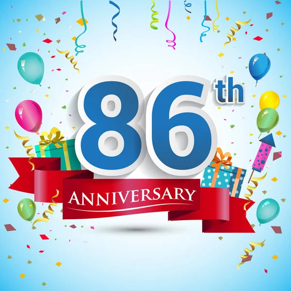 doksan beş için hediye kutusu ve balonlar, kırmızı kurdele, renkli vektör şablon öğeleri ile 86 yıl yıldönümü kutlama tasarım, Doğum günü partisi kutluyor.