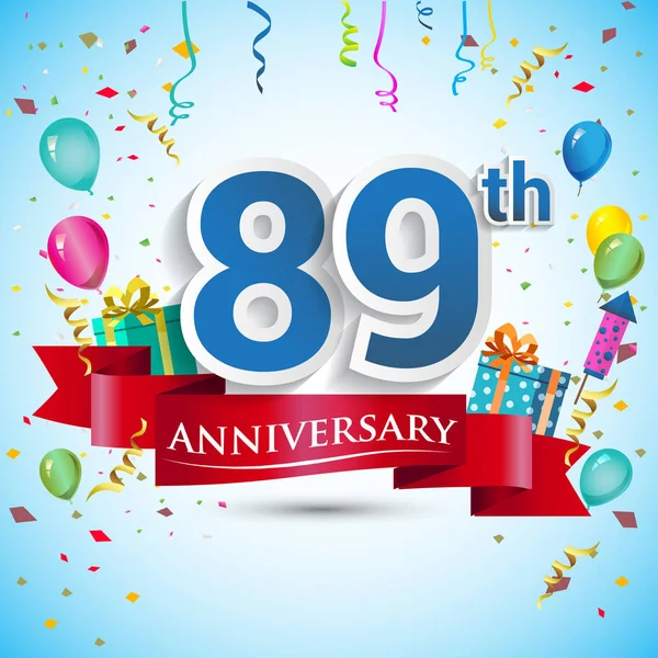 doksan beş için hediye kutusu ve balonlar, kırmızı kurdele, renkli vektör şablon öğeleri ile 89 yıl yıldönümü kutlama tasarım, Doğum günü partisi kutluyor.