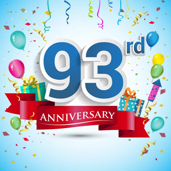 doksan beş için hediye kutusu ve balonlar, kırmızı kurdele, renkli vektör şablon öğeleri ile 93 yıl yıldönümü kutlama tasarım, Doğum günü partisi kutluyor.