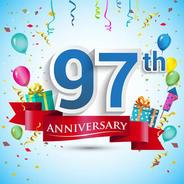 doksan beş için hediye kutusu ve balonlar, kırmızı kurdele, renkli vektör şablon öğeleri ile 97 yıl yıldönümü kutlama tasarım, Doğum günü partisi kutluyor.
