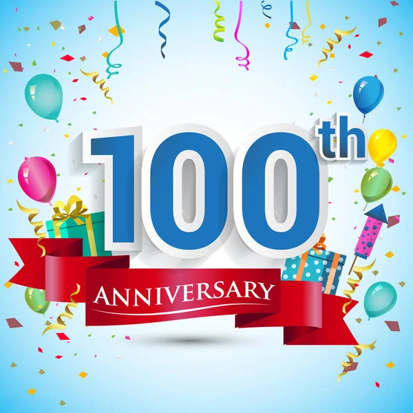 100 年周年記念お祝いデザイン ギフト ボックス 赤いリボン カラフルなベクトル テンプレートの要素を持つ の誕生日パーティーを祝う — ストックベクタ