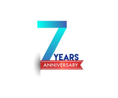 7 Yedi yıl yıldönümü kutlama mavi logo kırmızı kurdele ile. Doğum günü partisi için vektör tasarım şablonu 