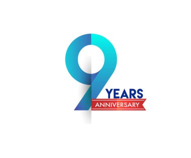 kırmızı kurdele ile 9 yıl yıldönümü kutlama mavi logo. Doğum günü partisi için vektör tasarım şablonu 
