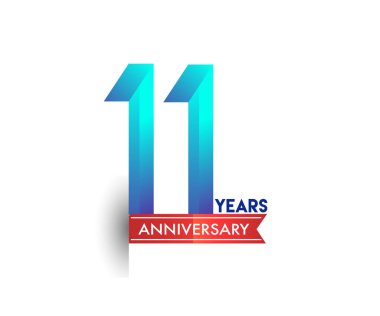 kırmızı kurdele ile 11 yıl yıldönümü kutlama mavi logo. Doğum günü partisi için vektör tasarım şablonu 