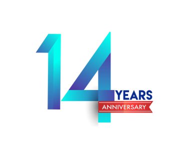 kırmızı kurdele ile 14 yaşındaki yıldönümü kutlama mavi logo. Doğum günü partisi için vektör tasarım şablonu 