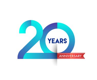 kırmızı kurdele ile 20 yıl yıldönümü kutlama mavi logo. Doğum günü partisi için vektör tasarım şablonu 