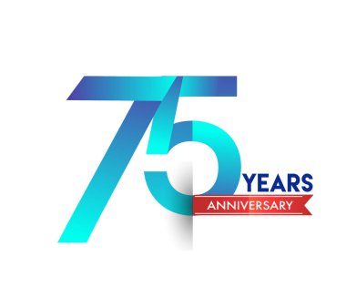 kırmızı kurdele ile 75 yıl yıldönümü kutlama mavi logo. Doğum günü partisi için vektör tasarım şablonu 