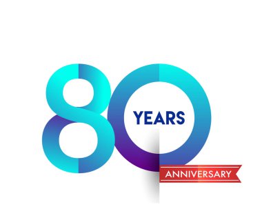 kırmızı kurdele ile 80 yıl yıldönümü kutlama mavi logo. Doğum günü partisi için vektör tasarım şablonu 