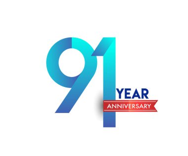 kırmızı kurdele ile 91 yıl yıldönümü kutlama mavi logo. Doğum günü partisi için vektör tasarım şablonu 