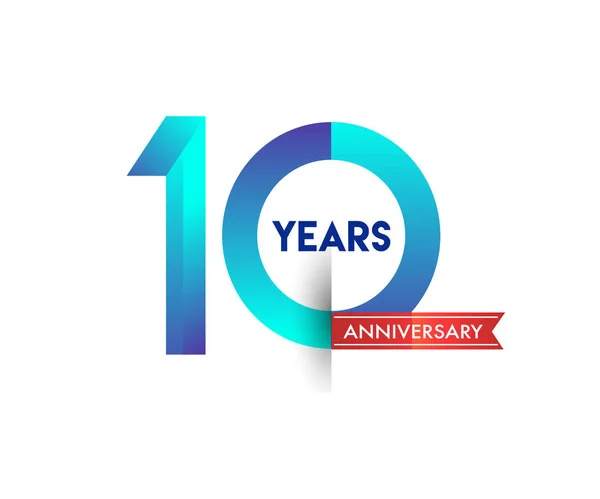 10年纪念庆祝蓝色标志与红色丝带 生日派对矢量设计模板 — 图库矢量图片