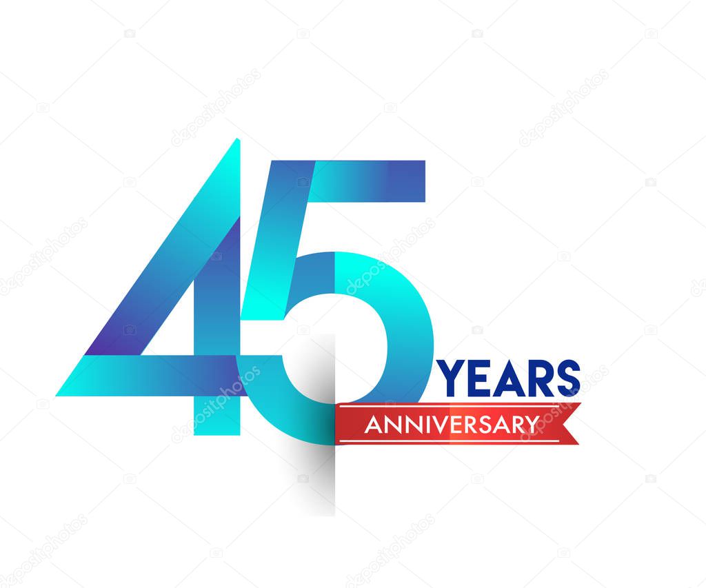 45 years anniversary celebration blue logo with red ribbon. Vector design template for birthday party 