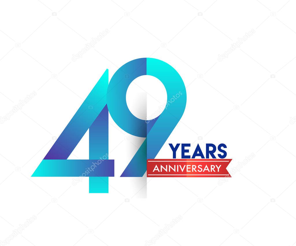 49 years anniversary celebration blue logo with red ribbon. Vector design template for birthday party 