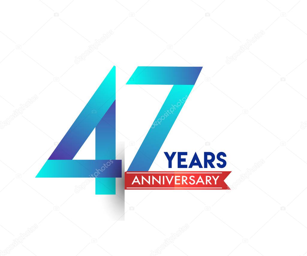 47 years anniversary celebration blue logo with red ribbon. Vector design template for birthday party 