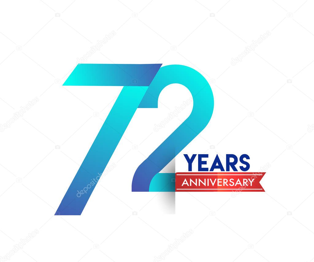 72 years anniversary celebration blue logo with red ribbon. Vector design template for birthday party 
