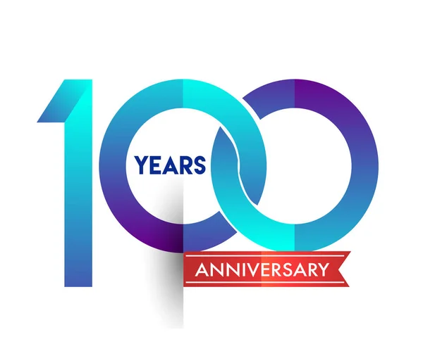 100 Jaar Verjaardag Viering Blauw Logo Met Rood Lint Vector — Stockvector