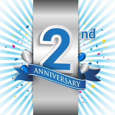şerit ile 2 yıl yıldönümü kutlama mavi logo. Doğum günü partisi için vektör tasarım şablonu 