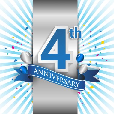 4 yıl yıldönümü kutlama mavi şerit logolu. Doğum günü partisi için vektör tasarım şablonu 