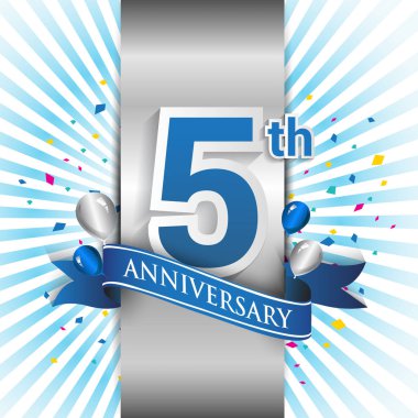 5 yıl yıldönümü kutlama mavi şerit logolu. Doğum günü partisi için vektör tasarım şablonu 