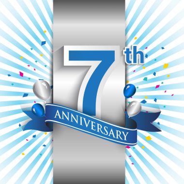 7 yıl yıldönümü kutlama mavi şerit logolu. Doğum günü partisi için vektör tasarım şablonu 