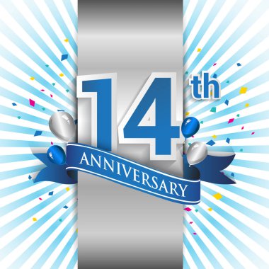 14 yıl yıldönümü kutlama mavi şerit logolu. Doğum günü partisi için vektör tasarım şablonu 