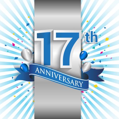 17 yıl yıldönümü kutlama mavi şerit logolu. Doğum günü partisi için vektör tasarım şablonu 