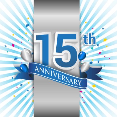 15 yıl yıldönümü kutlama mavi şerit logolu. Doğum günü partisi için vektör tasarım şablonu 