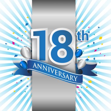 şerit ile 18 yıl yıldönümü kutlama mavi logo. Doğum günü partisi için vektör tasarım şablonu 