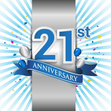 21 yıl yıldönümü kutlama mavi şerit logolu. Doğum günü partisi için vektör tasarım şablonu 
