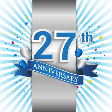 27 yıl yıldönümü kutlama mavi şerit logolu. Doğum günü partisi için vektör tasarım şablonu 