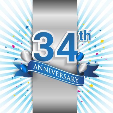 34 yıl yıldönümü kutlama mavi şerit logolu. Doğum günü partisi için vektör tasarım şablonu 
