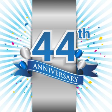 şerit ile 44 yıl yıldönümü kutlama mavi logo. Doğum günü partisi için vektör tasarım şablonu 
