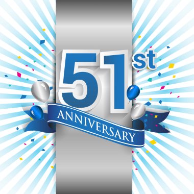 51 yıl yıldönümü kutlama mavi şerit logolu. Doğum günü partisi için vektör tasarım şablonu 