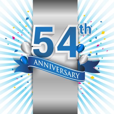 54 yıl yıldönümü kutlama mavi şerit logolu. Doğum günü partisi için vektör tasarım şablonu 
