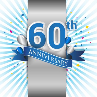 60 yıl yıldönümü kutlama mavi şerit logolu. Doğum günü partisi için vektör tasarım şablonu 